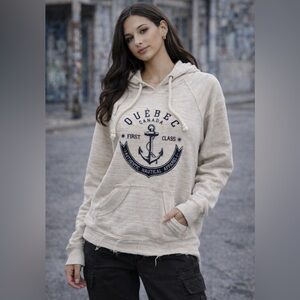 Quebec Canada Nautical Hoodie w/Kangaroo Pocket• Raw Hem Pullover • Medium